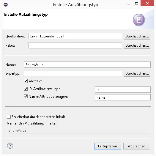 Ausgefüllter Wizard zum Anlegen des abstrakten Aufzählungstypen EnumValue