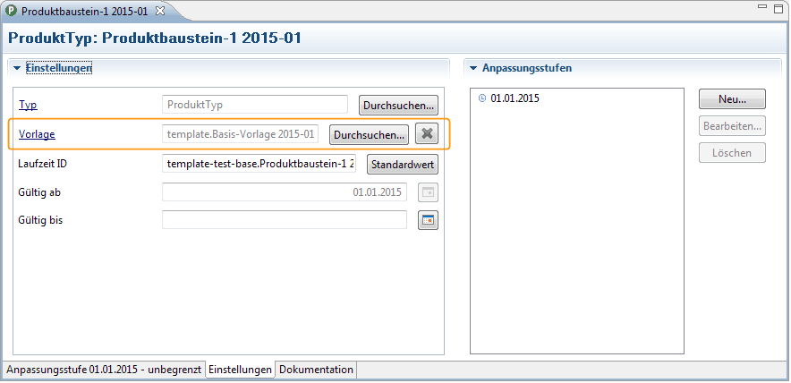 Kontextmenü zum öffnen der Vorlage, in der der Wert definiert