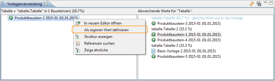 Vorlagenverwendung Ansicht, Kontextmenü linke Seite
