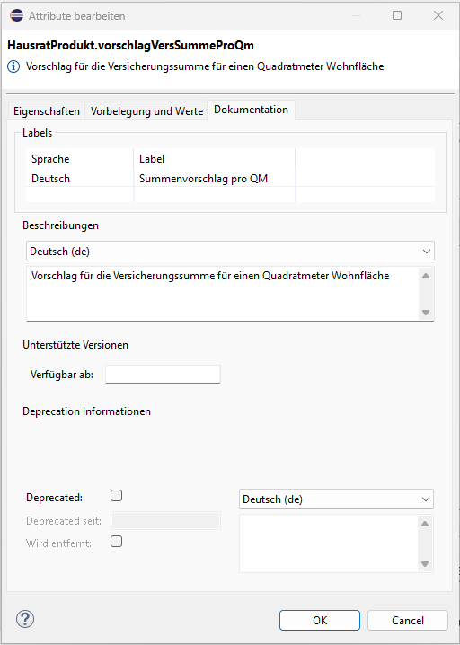 Dialog für Labels und Beschreibungen