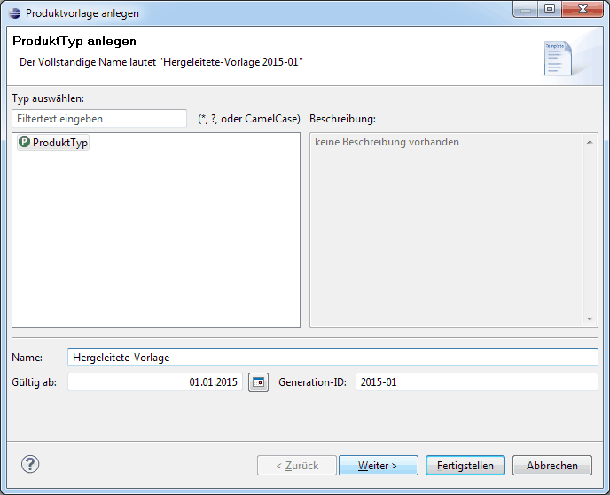 hergeleitete Produktvorlage Wizard