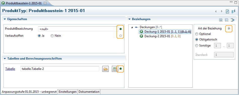 Produktbaustein Editor mit den neuen Status-Buttons