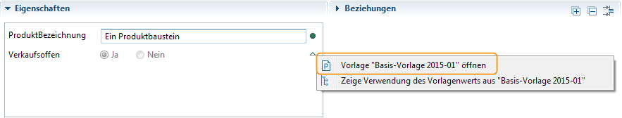 Kontextmenü zum öffnen der Vorlage, in der der Wert definiert