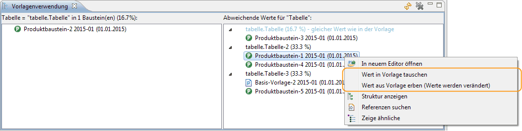 Vorlagenverwendung Ansicht, Kontextmenü rechte Seite